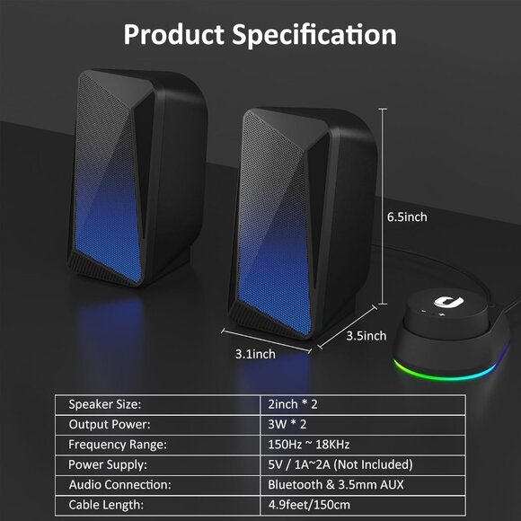 "JEECOO M40" Bluetooth Gaming Computer Speakers w/ 3.5mm AUX for Laptops&Tablets - Picture 5 of 16